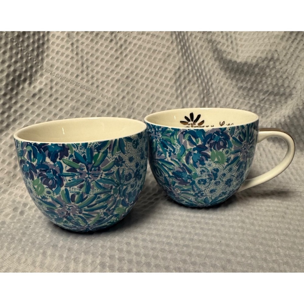 Lilly Pulitzer Gold Handle Ceramic Mug Set Of Coffee Cups 2 -12 Oz Blue Purple